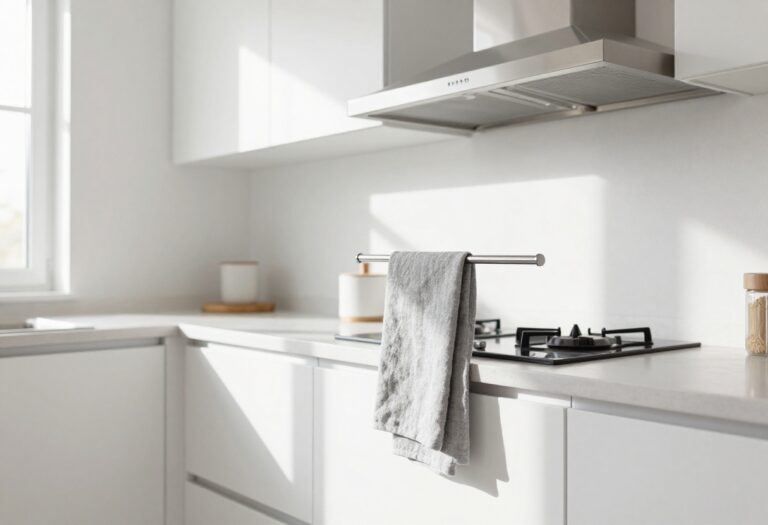 Modern kitchen with magnetic towel bar on range hood holding a gray linen towel