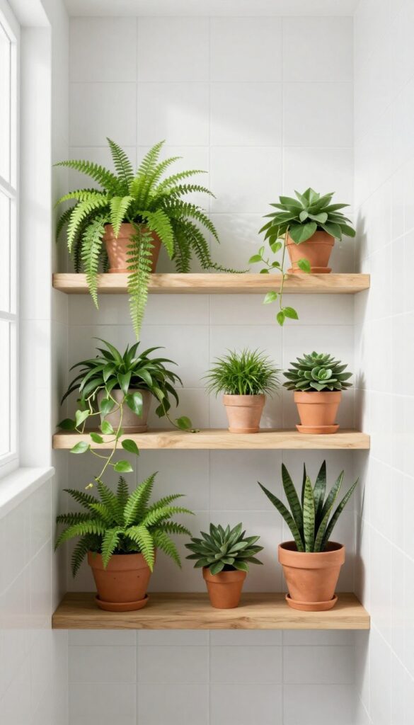 White tile shower with greenery including ferns and succulents on shelves and in pots, enhancing the bathroom's spa-like feel with natural light.