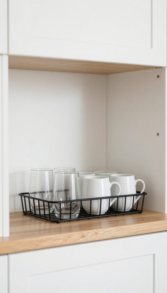 Under-shelf baskets storing glassware in a kitchen cabinet