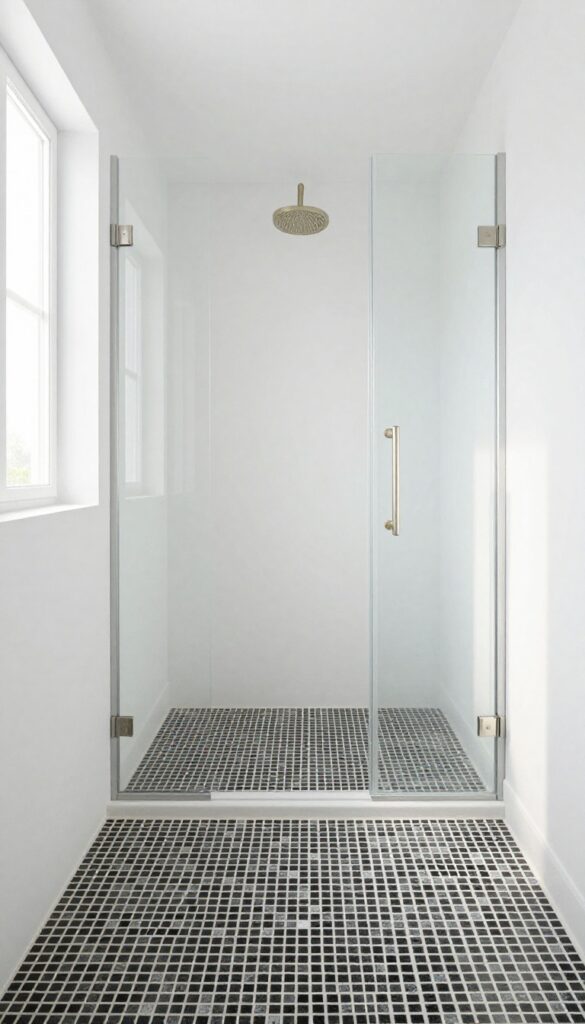 A black and white mosaic tile floor in a shower, featuring a graphic pattern that adds visual interest without making the space feel dark, with bright natural lighting and minimalist decor elements.