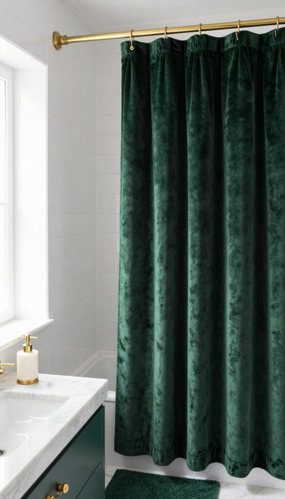 Dark green velvet shower curtain in a luxurious bathroom with brass fixtures and white subway tile.