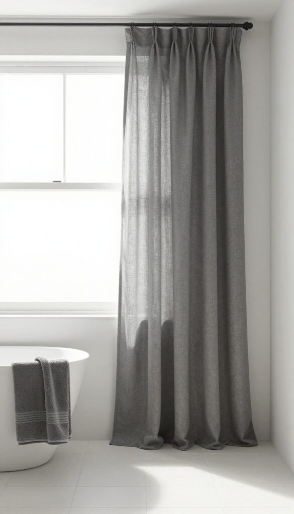 Layered monochromatic gray curtains in a bright bathroom with natural light, showcasing sophisticated shower decor with subtle contrast and clean composition.