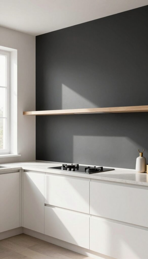 Kitchen with charcoal accent wall, white cabinets, natural light, open shelving with wood and brass decor.