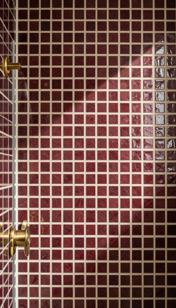 A shower wall featuring mosaic tiles in deep emerald and burgundy tones for artistic flair in a bathroom remodel.