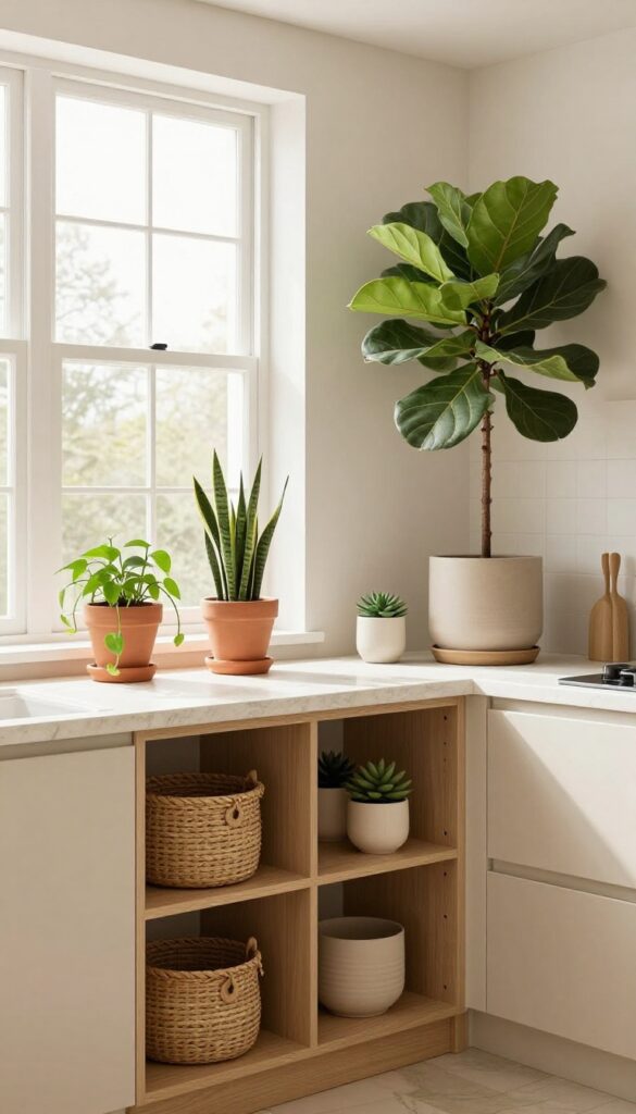Cream kitchen with trailing pothos on windowsill, snake plants on open shelving, and tall fiddle leaf fig in corner, soft natural light.