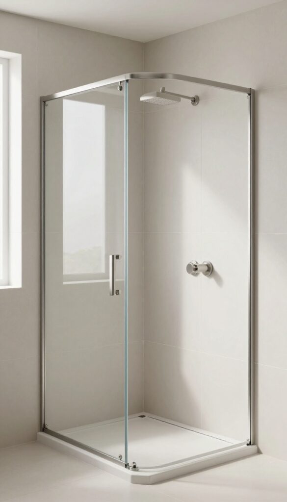 A master bathroom shower with matte finish tiles in bright natural light, featuring simple fixtures and a clean design to reduce glare and smudges for an elegant look.