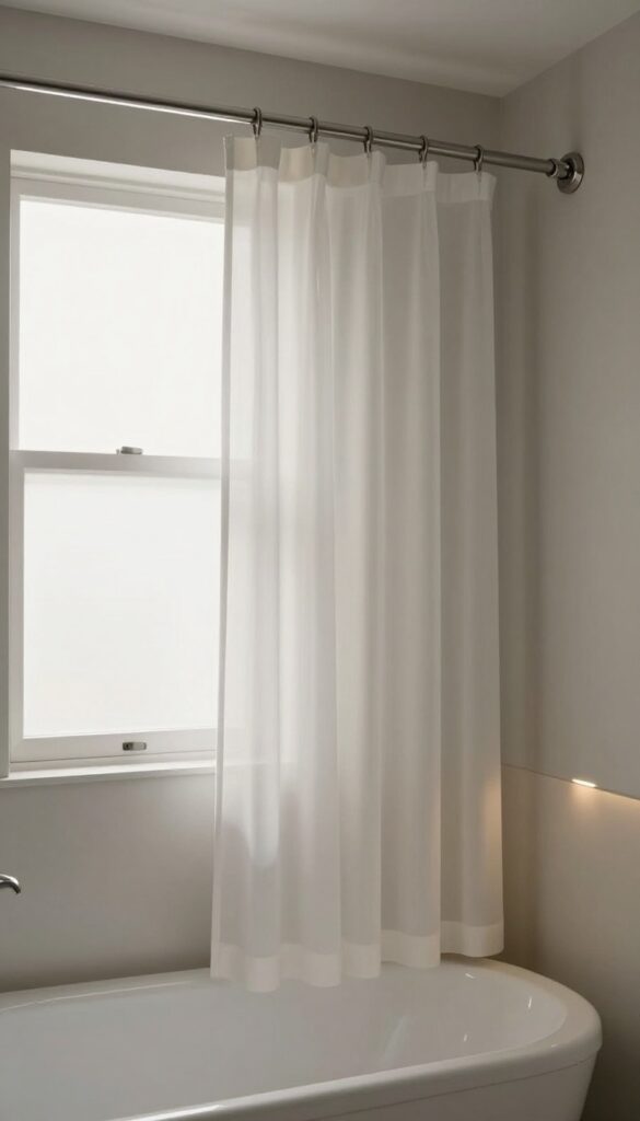 A serene bathroom with a curved shower curtain rod and soft lighting, creating a spa-like ambiance with warm tones and no harsh shadows.