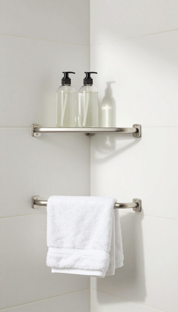 Corner shelf with towel bar in shower