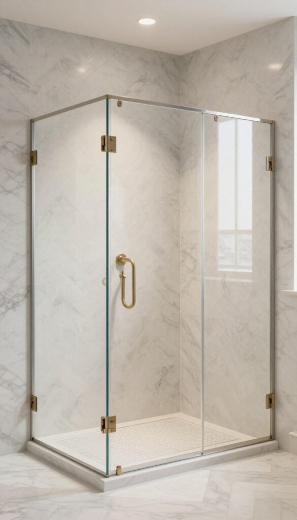 Close-up view of a walk-in shower with neutral marble tiles in a herringbone pattern, emphasizing classic luxury and dynamic movement in bright natural light.