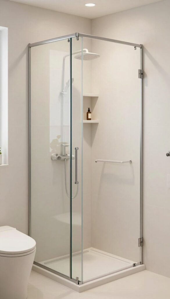 Compact walk-in shower with smart layout in a small bathroom featuring sliding glass panel and wall-mounted storage