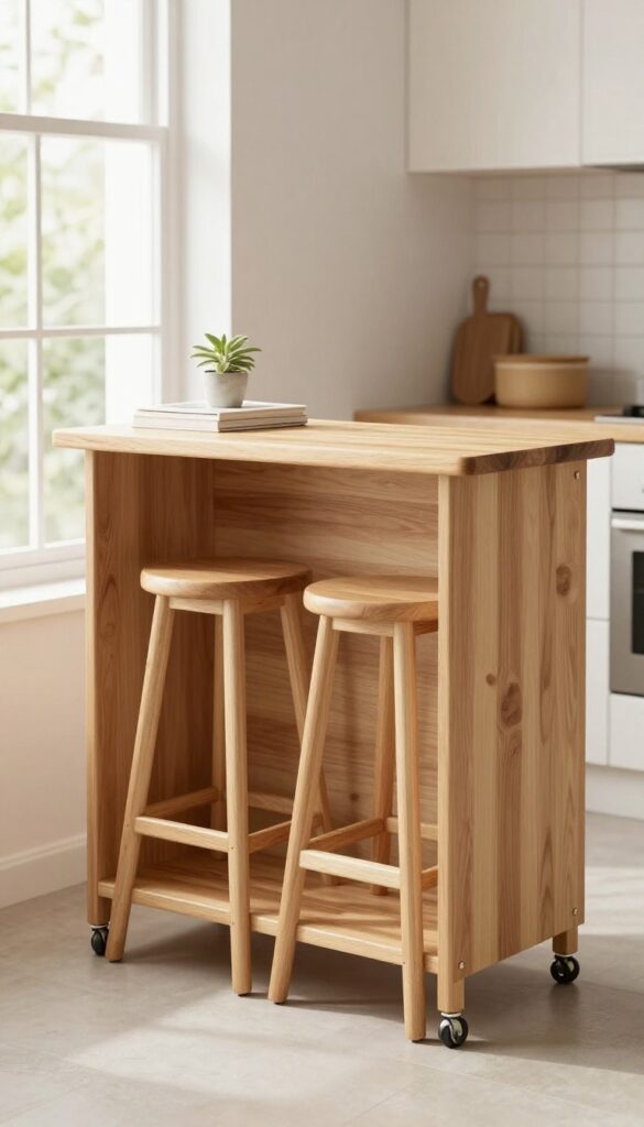 Slim rolling cart kitchen island with bar stool storage in a bright kitchen