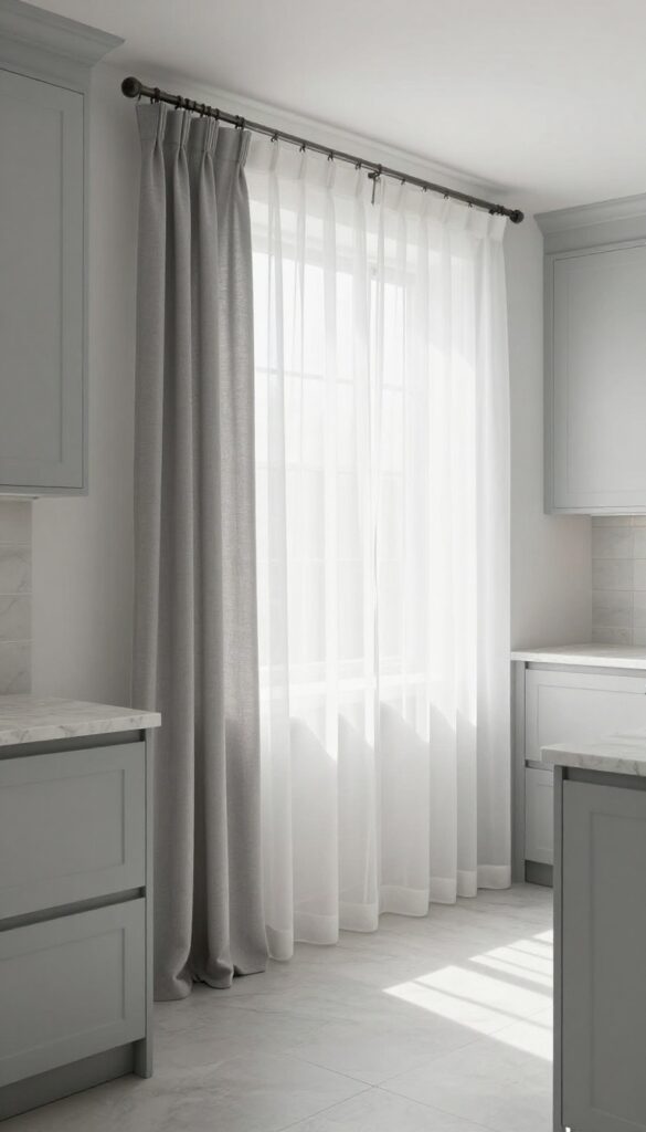 Gray kitchen with sheer window treatments letting in natural light