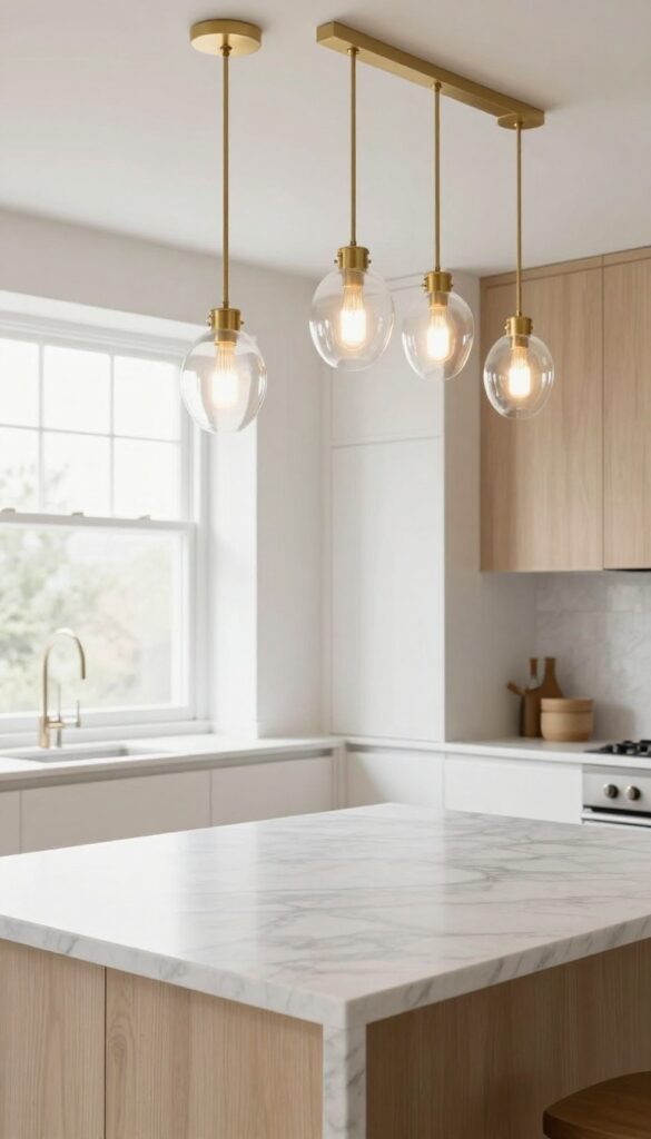 Linear arrangement of mini pendants above a long kitchen island in a bright modern kitchen
