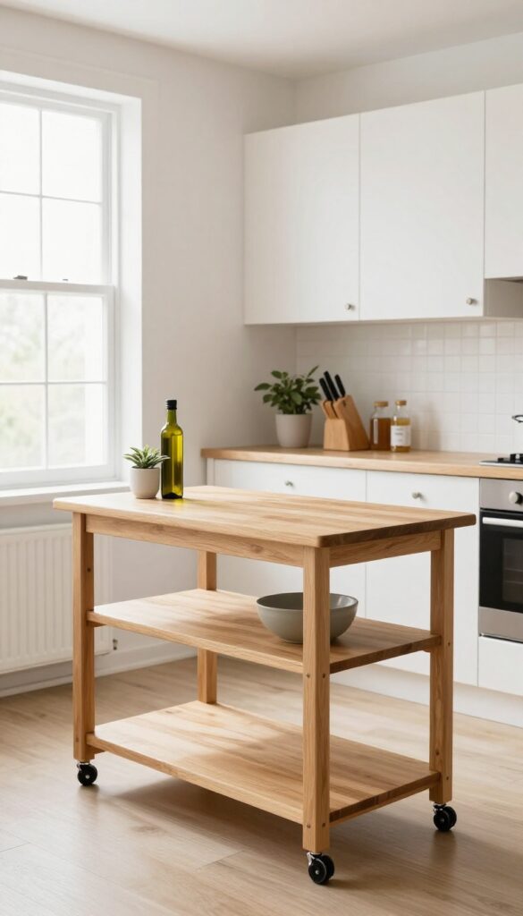 One-wall kitchen with a rolling cart providing extra counter space and storage