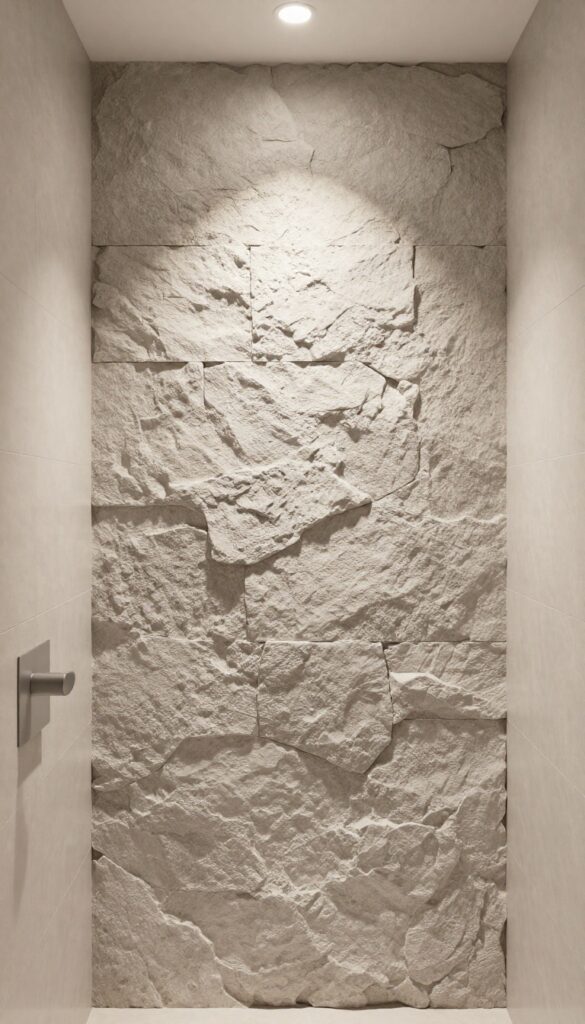 A walk-in shower with a textured stone accent wall in grey and beige tones, paired with smooth tiles and matte fixtures under soft natural light.