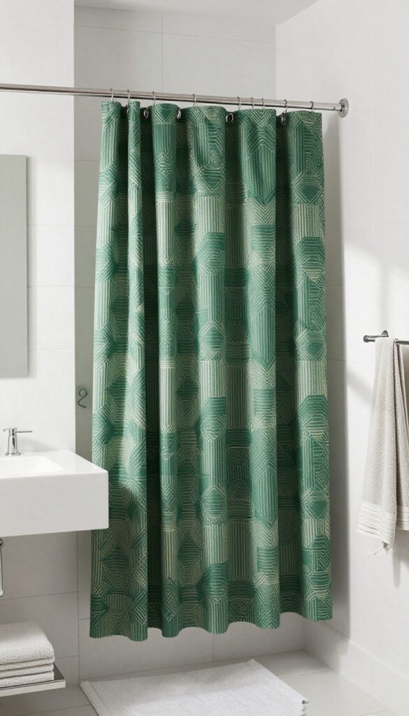 Modern bathroom with dark green geometric shower curtain
