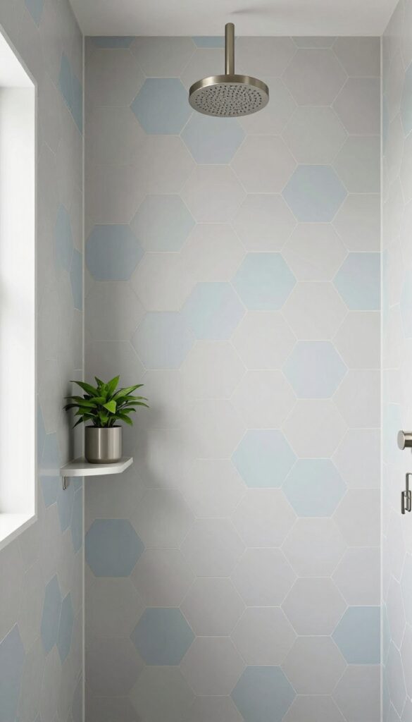 Close-up of hexagon tile pattern in muted colors on a walk-in shower wall with minimal fixtures and a plant, showcasing modern geometric design for bathroom inspiration.