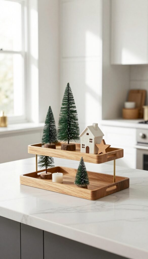 Modern kitchen island with tiered tray holding mini trees, ceramic houses, and wooden stars in neutral Christmas decor.