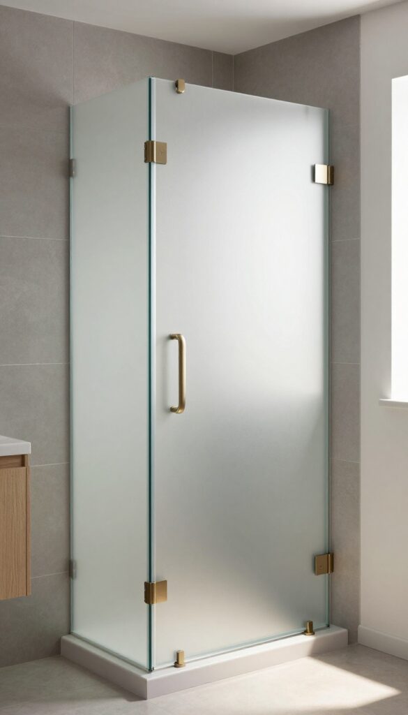 A modern bathroom featuring a frosted glass shower door for privacy without bulk, with soft gray tiles and natural lighting.