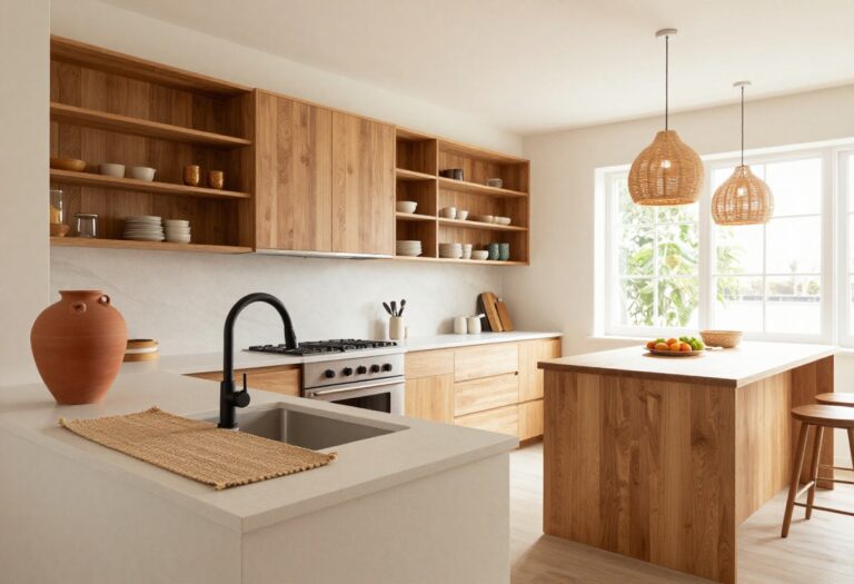 Earthy kitchen with open shelving, terracotta accents, and natural light