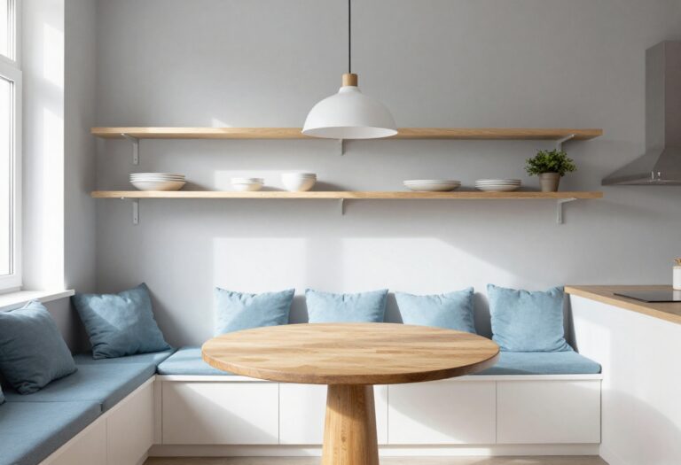 Cozy kitchen corner nook with built-in banquette, round table, and pendant light