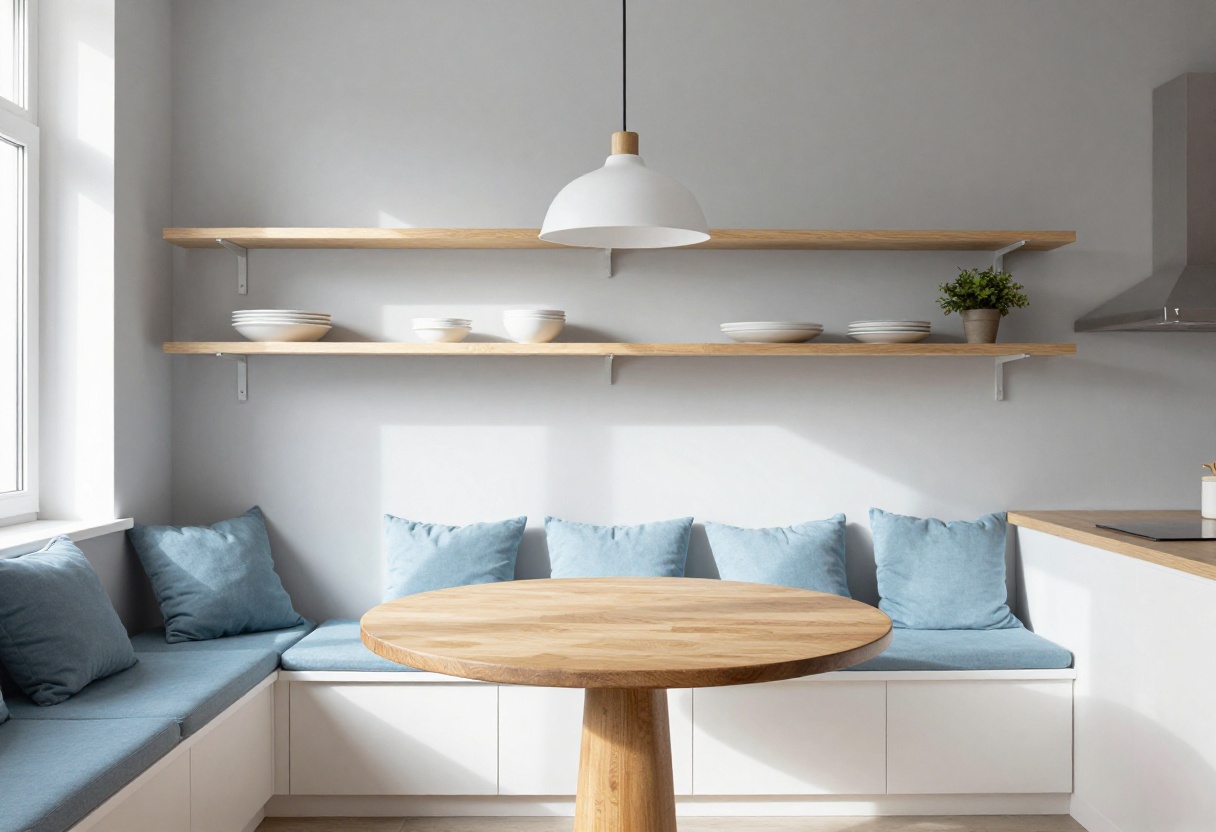 Cozy kitchen corner nook with built-in banquette, round table, and pendant light