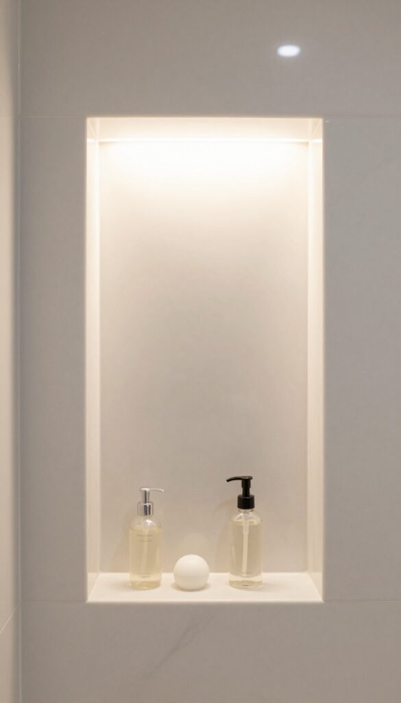 A close-up photograph of an LED-lit shower niche with warm lighting, showcasing clear bottles on marble tiles in a modern bathroom for a tidy, spa-like aesthetic.
