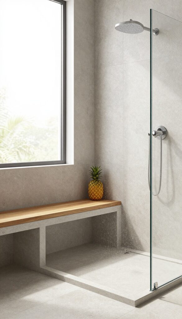 A built-in bench extension in a shower, made from matching stone tiles with a teak cushion, offering seating without taking up extra floor space in a bright, open bathroom setting.