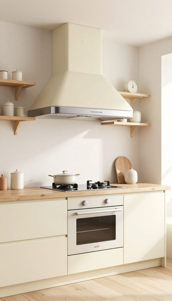 Small kitchen with a compact retro cream vent hood with chrome accents above a range, open shelving, and minimal decor.