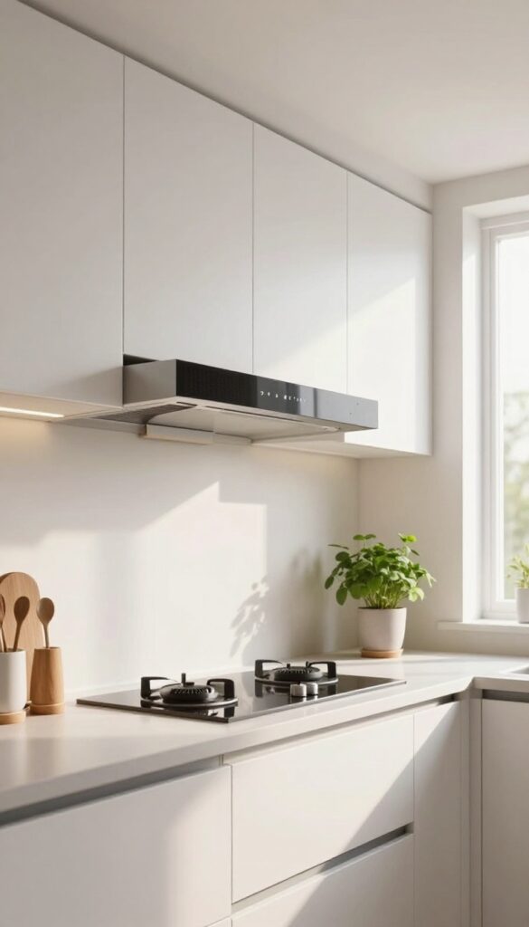 Modern kitchen with a sleek stainless steel recirculating hood under a white cabinet, charcoal filter visible, utensils on magnetic strip, bright natural light.