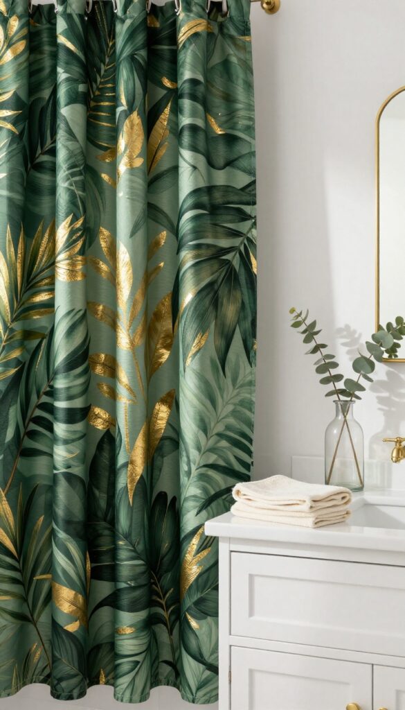 Dark green shower curtain with gold botanical print in a bright bathroom with brass fixtures and eucalyptus stems.