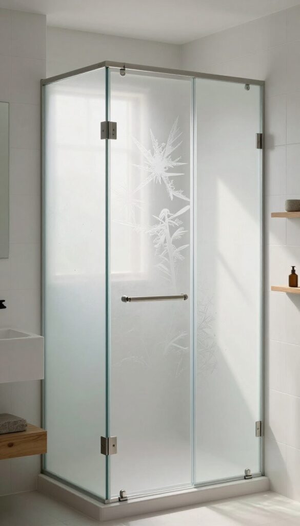 A modern bathroom showcasing a textured frosted glass shower door with geometric patterns that scatter light and add visual interest to the space.