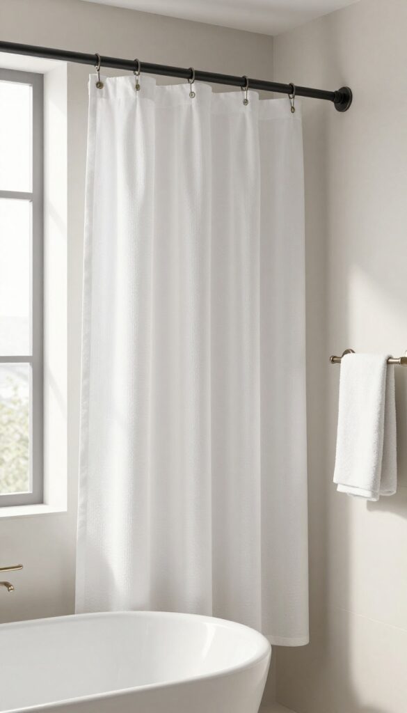 A curved shower curtain rod in a bright, modern bathroom, showcasing how it maximizes space with an elegant design and natural lighting.
