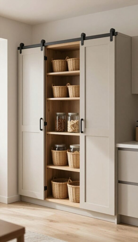 Small kitchen hutch with sliding barn doors, rustic hardware, organized baskets and jars inside, bright natural light