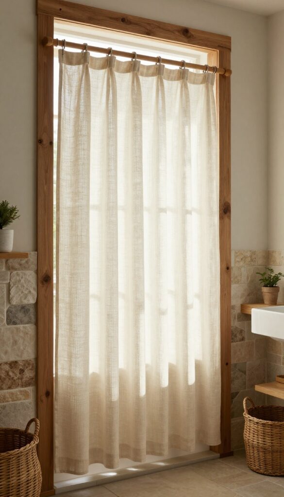 A farmhouse-inspired bathroom featuring a cream linen shower curtain with natural light filtering through, complemented by rustic wood accents, stone tiles, woven baskets, and potted plants for a relaxed and inviting atmosphere.