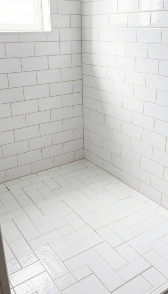 White matte subway tiles in herringbone pattern on a shower floor with dark grout, natural light, modern bathroom.
