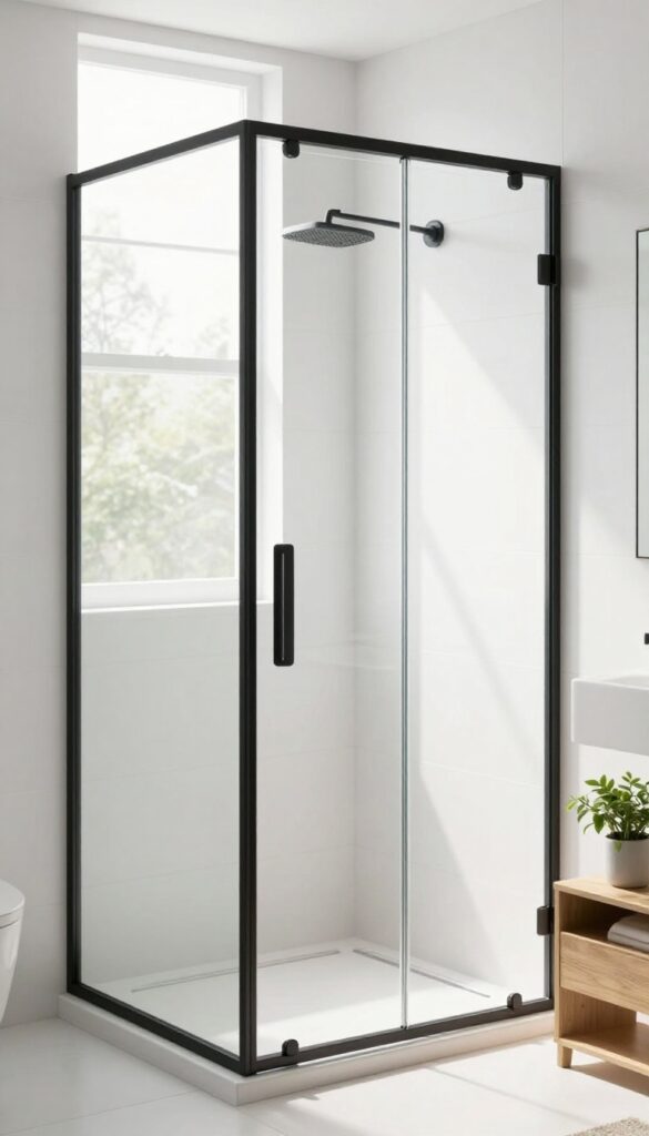 A neo angle shower with a frameless glass door in a bright bathroom, showcasing an open and airy design with natural light, matte black hardware, and a small plant for texture.