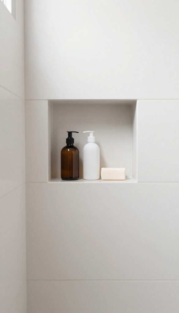 A clean, built-in shower niche integrated into tiled wall, storing toiletries neatly under bright natural light.