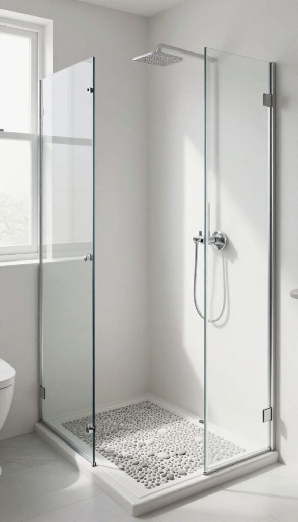 A pebble mat on a shower floor for a removable upgrade in a bright, modern bathroom.