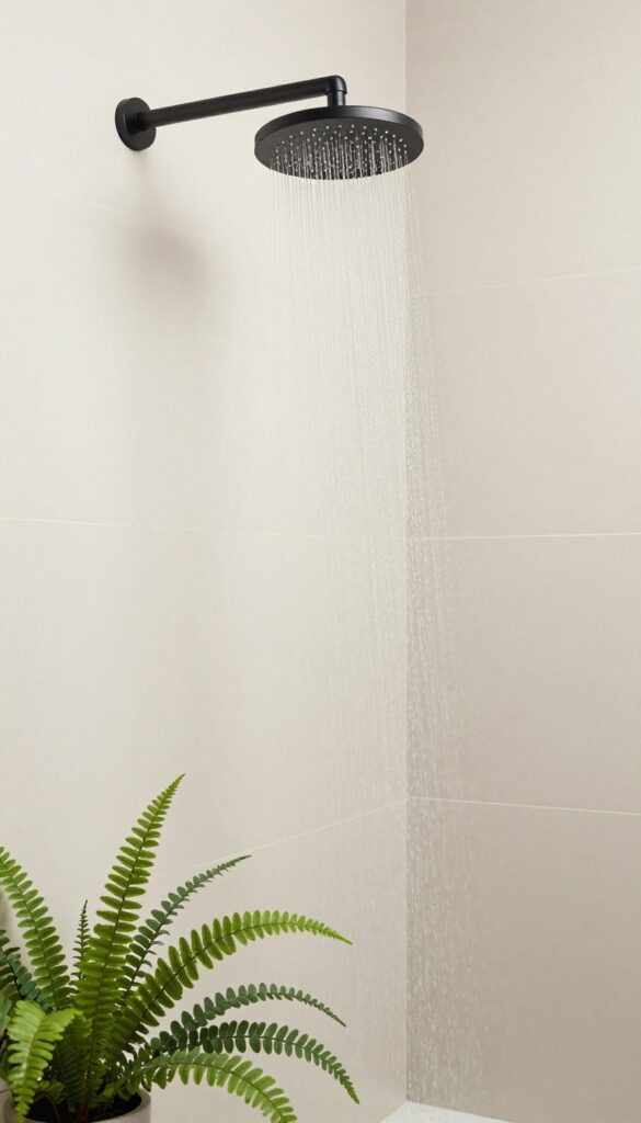 Modern bathroom with rainfall showerhead and plants for a spa-like shower idea