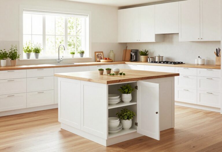 Modern kitchen with island, open shelving, and herb garden by window