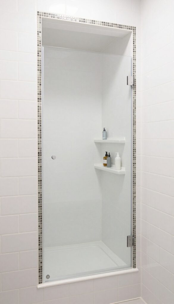 A small bathroom shower enclosure featuring built-in tiled niches and shelves for storage, designed to blend seamlessly with the walls using white subway tiles and a mosaic border, enhancing functionality in a minimalist style.