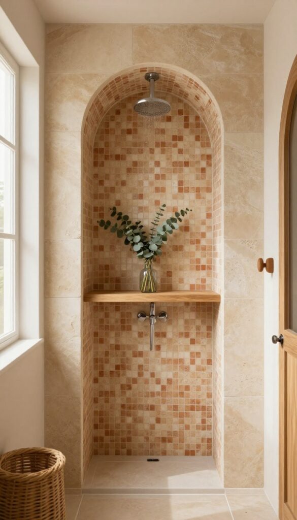 Safari bathroom shower with arched niche featuring terracotta tiles and eucalyptus