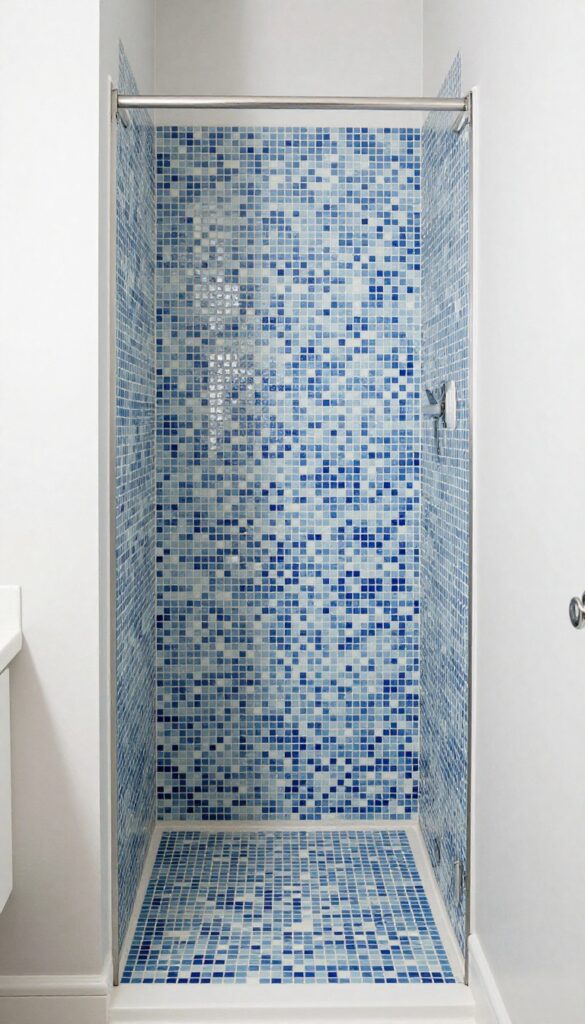 A photorealistic image of a knee wall shower with a mosaic tile backsplash in blues and whites under bright natural light.