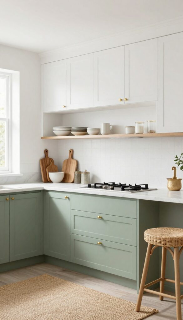 Two-tone kitchen with sage green lower cabinets and white upper cabinets, brass hardware, marble countertops, open shelving, jute rug, and woven bar stools.