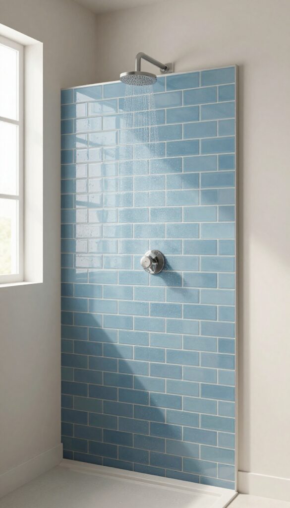 A half-wall shower partition with blue subway tile accents in a bright, airy bathroom, illustrating a stylish and functional upgrade for open-plan designs.