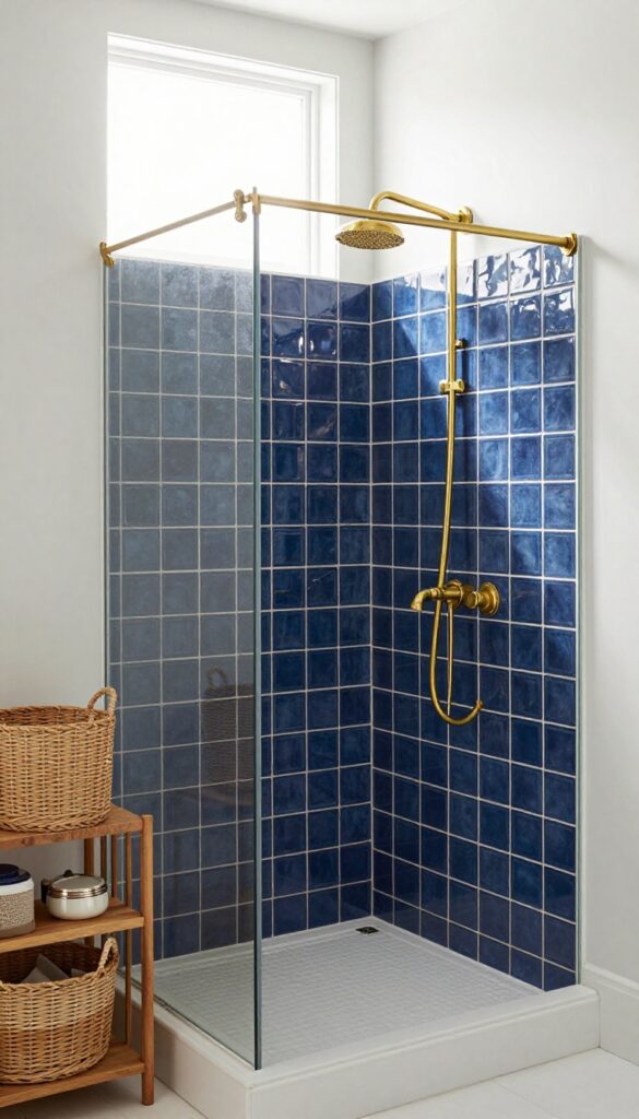 A photorealistic bathroom shower featuring navy blue tiles with brass hardware and natural lighting, styled for a coastal or moody ambiance.