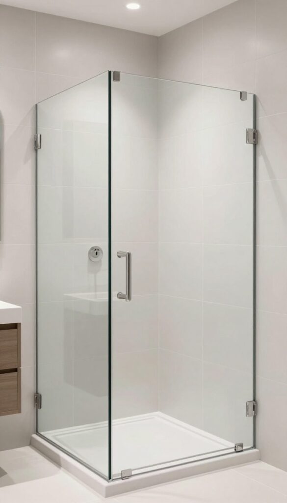 Corner glass shower with mirrored accents in a small bathroom, reflecting light to make the space appear larger and brighter.