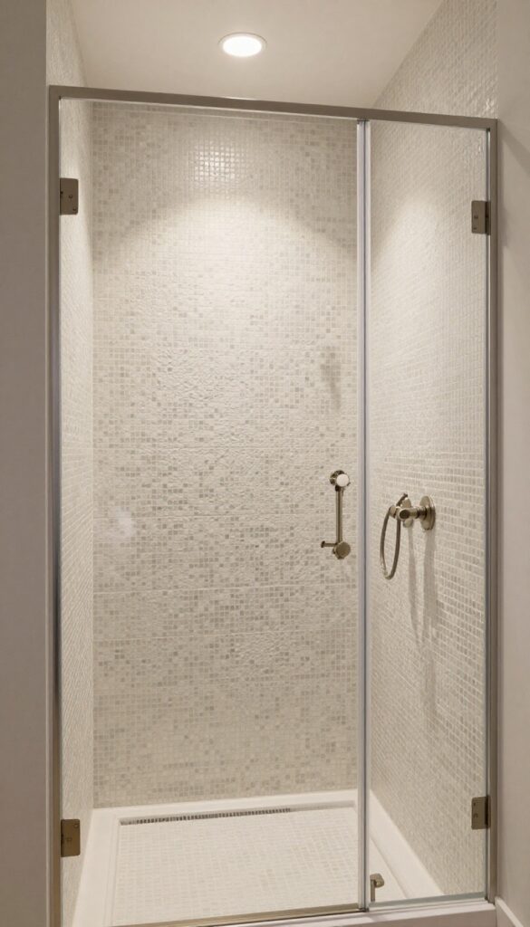 A walk-in shower with textured mosaic tiles in matte finish, showing subtle depth and soft light reflection in a clean, cozy bathroom setting.