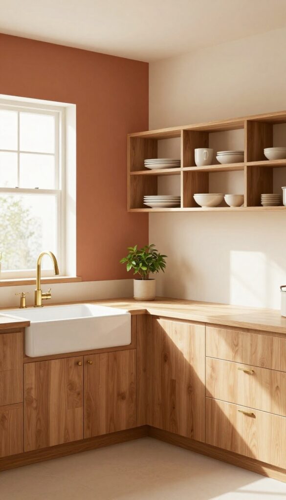 Small kitchen with warm terracotta accent wall behind sink, cream cabinets, wood shelves, brass fixtures, and natural light.